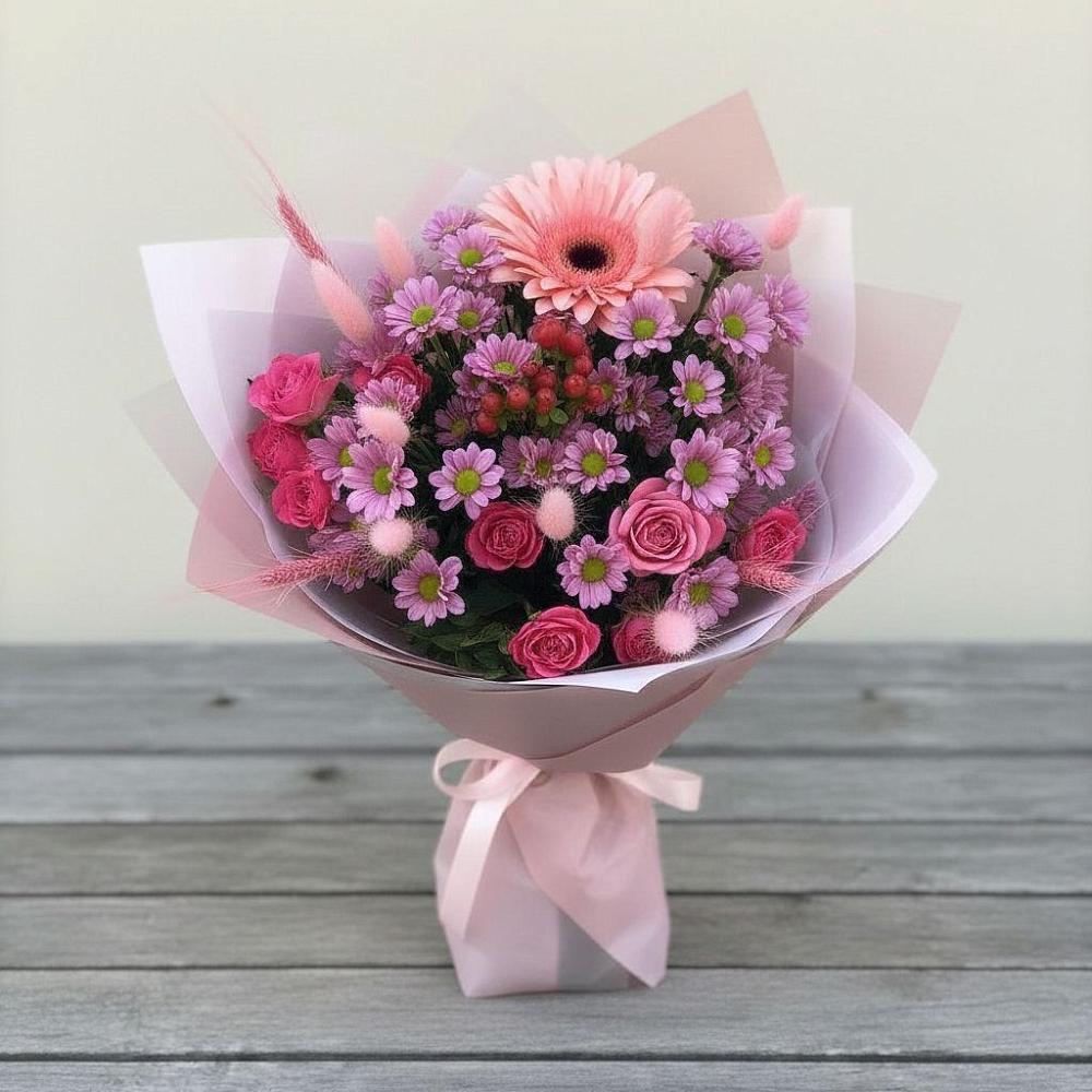 Букет цветов из: Розы, Герберы и Хризантемы в Понежукай