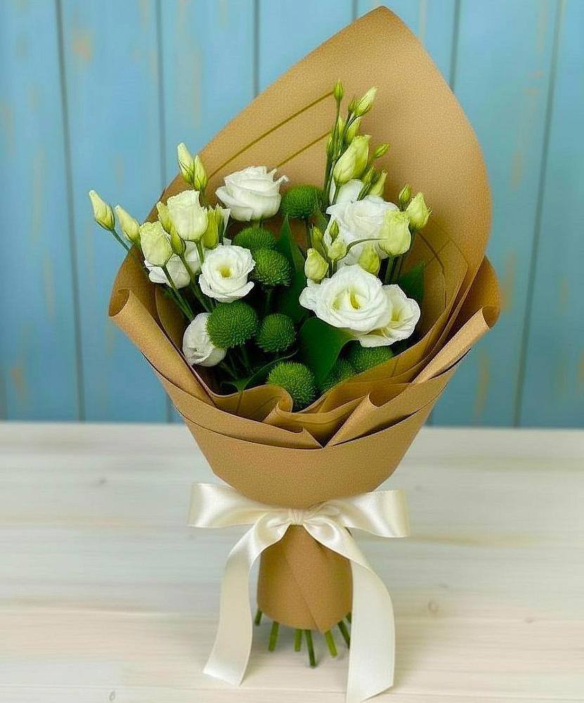 Букет цветов из: Хризантемы и Лизиантусы в Понежукай