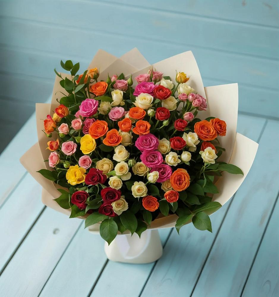 Букет Микс из разноцветных кустовых роз в Понежукай