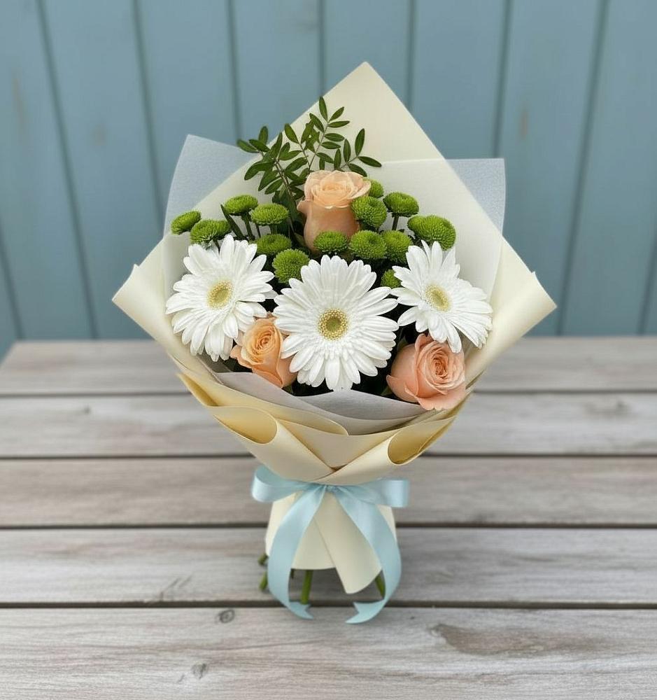 Букет цветов из: Герберы, Розы и Хризантемы в Понежукай