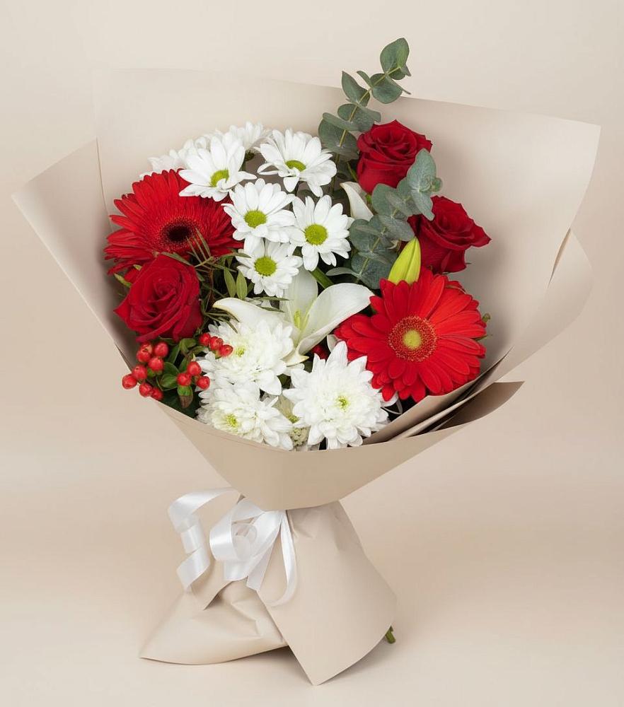 Букет цветов из: Розы, Хризантемы, Герберы и Лилии в Понежукай